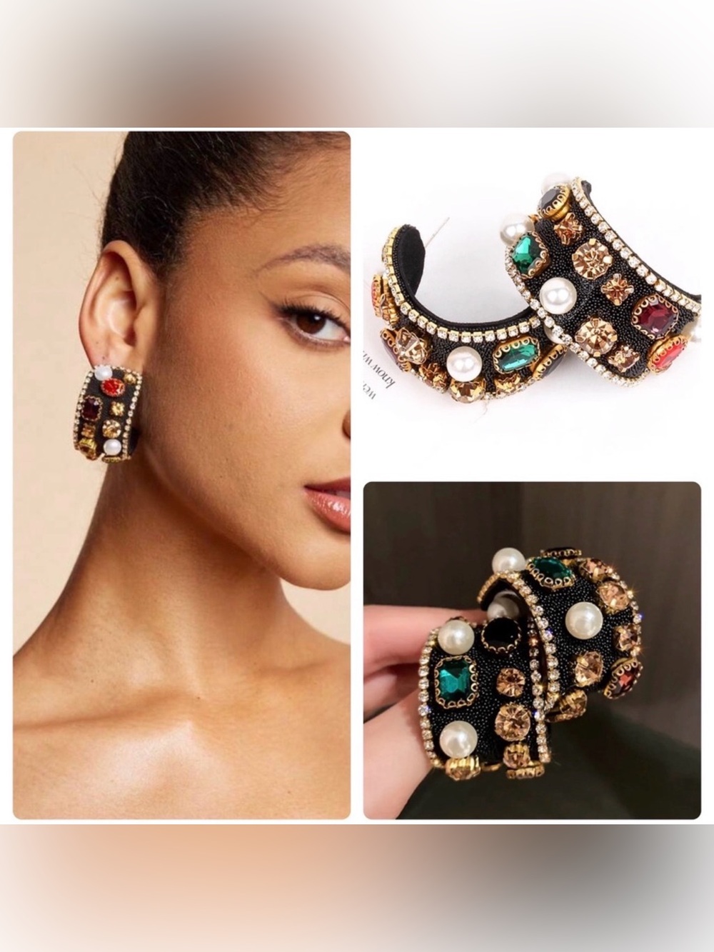 2/$30🌵 Bejeweled Thick Black Hoop Earrings Rhinestone Faux Pearl Royalty NEW